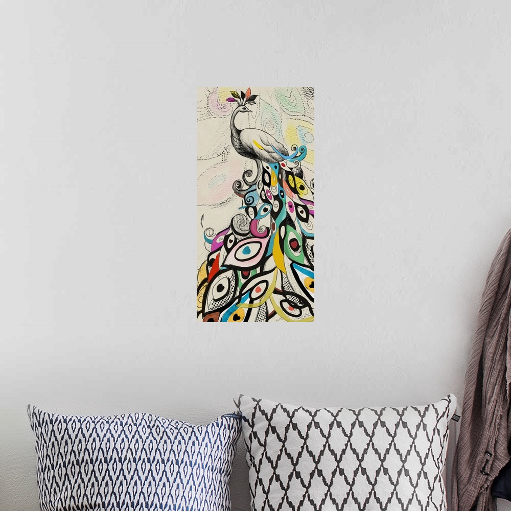 A bohemian room featuring A drawing of a peacock with colorful feathers on a pastel patterned background.
