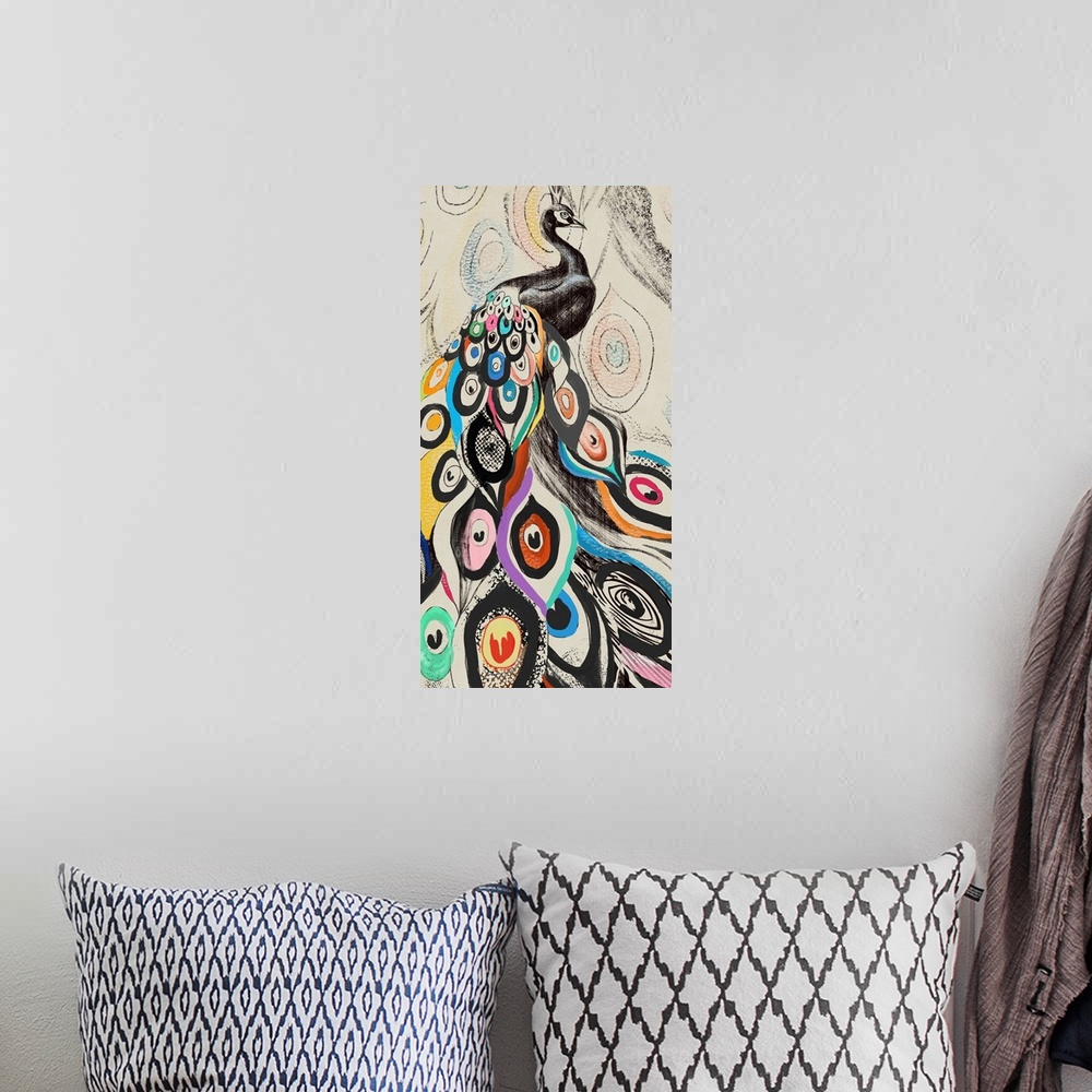 A bohemian room featuring A drawing of a peacock with colorful feathers on a pastel patterned background.