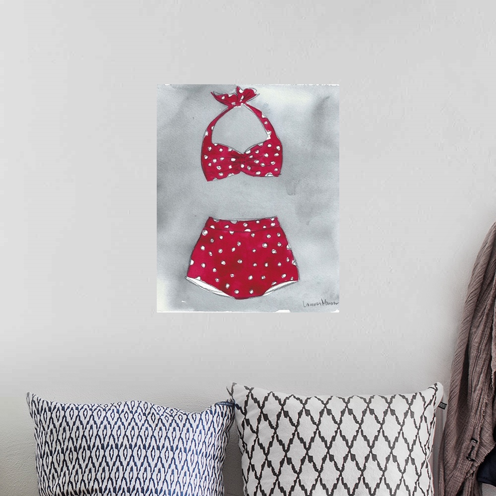 A bohemian room featuring Watercolor painting of a red bikini with white polka dots.
