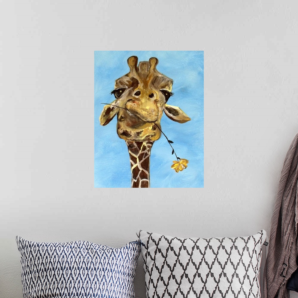 A bohemian room featuring Portrait of a giraffe chewing on a flower stem.