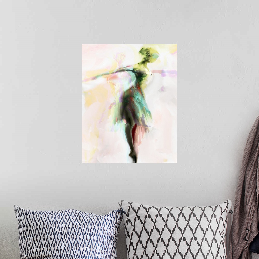 A bohemian room featuring Figurative painting of a ballerina dancing.