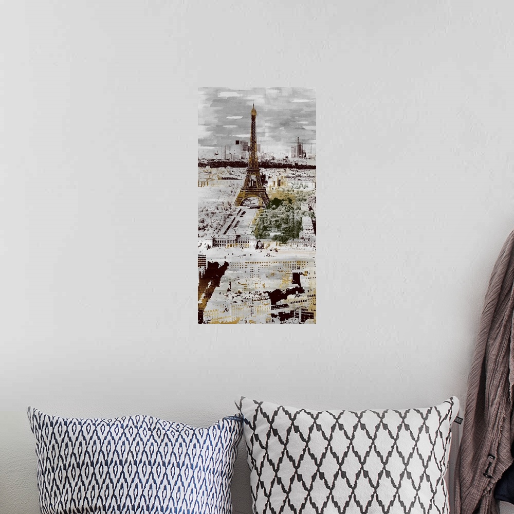 A bohemian room featuring A long vertical image of the Eiffel Tower in Paris in faded gray tones with spatters of gold thro...