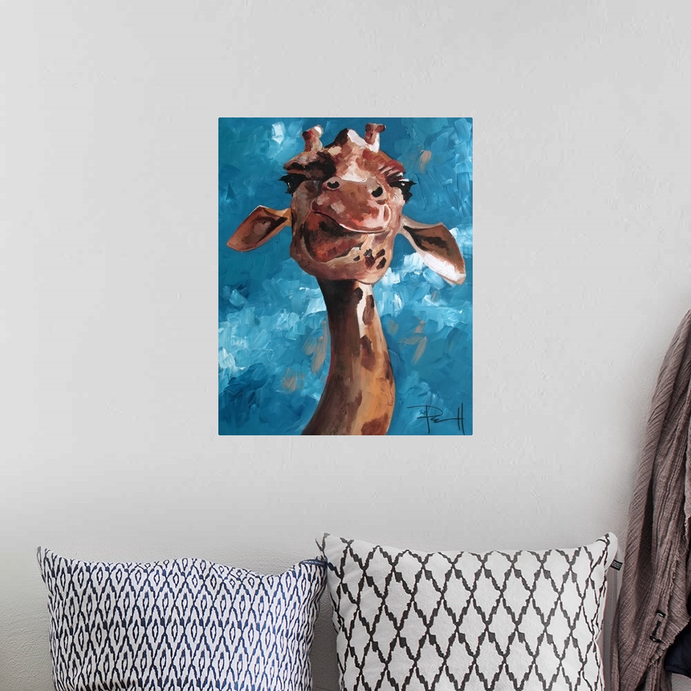 A bohemian room featuring Painting of a giraffe making a humorous face.