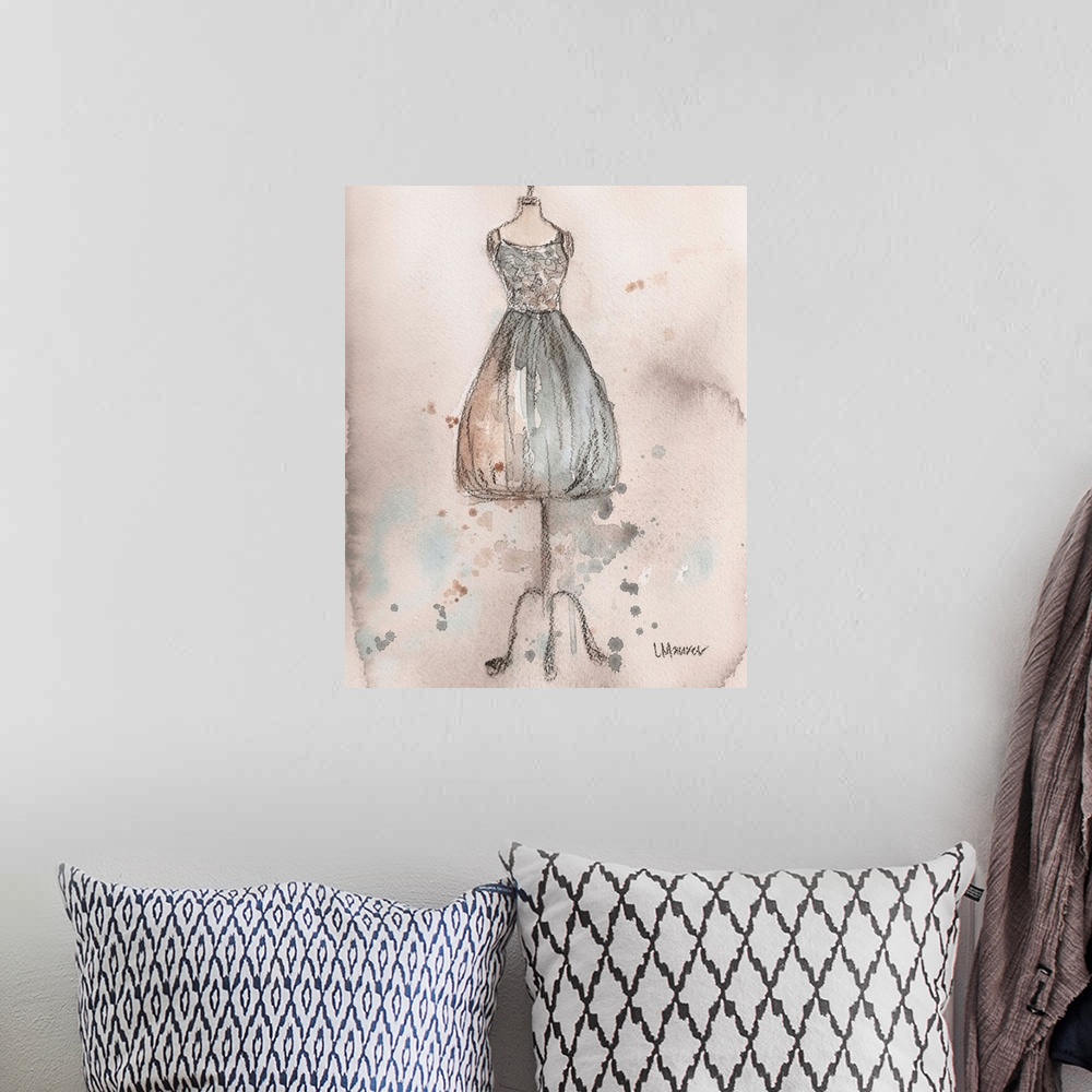 A bohemian room featuring Watercolor painting of a tan and grey dress on a dress form.