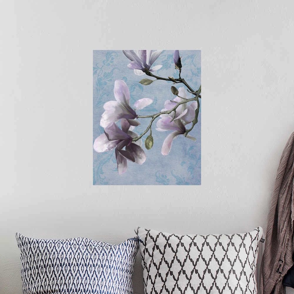 A bohemian room featuring Vertical painting of lavender flowers on a floral blue background with rough strokes applied to t...