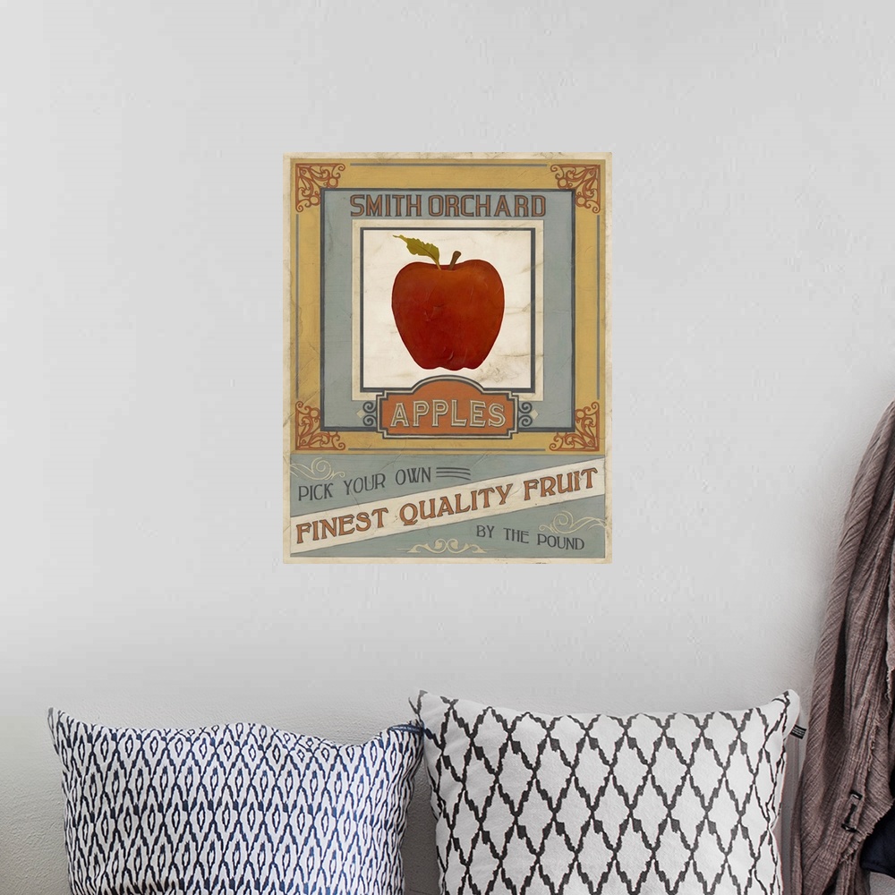 A bohemian room featuring Round wooden sign for fresh strawberries.