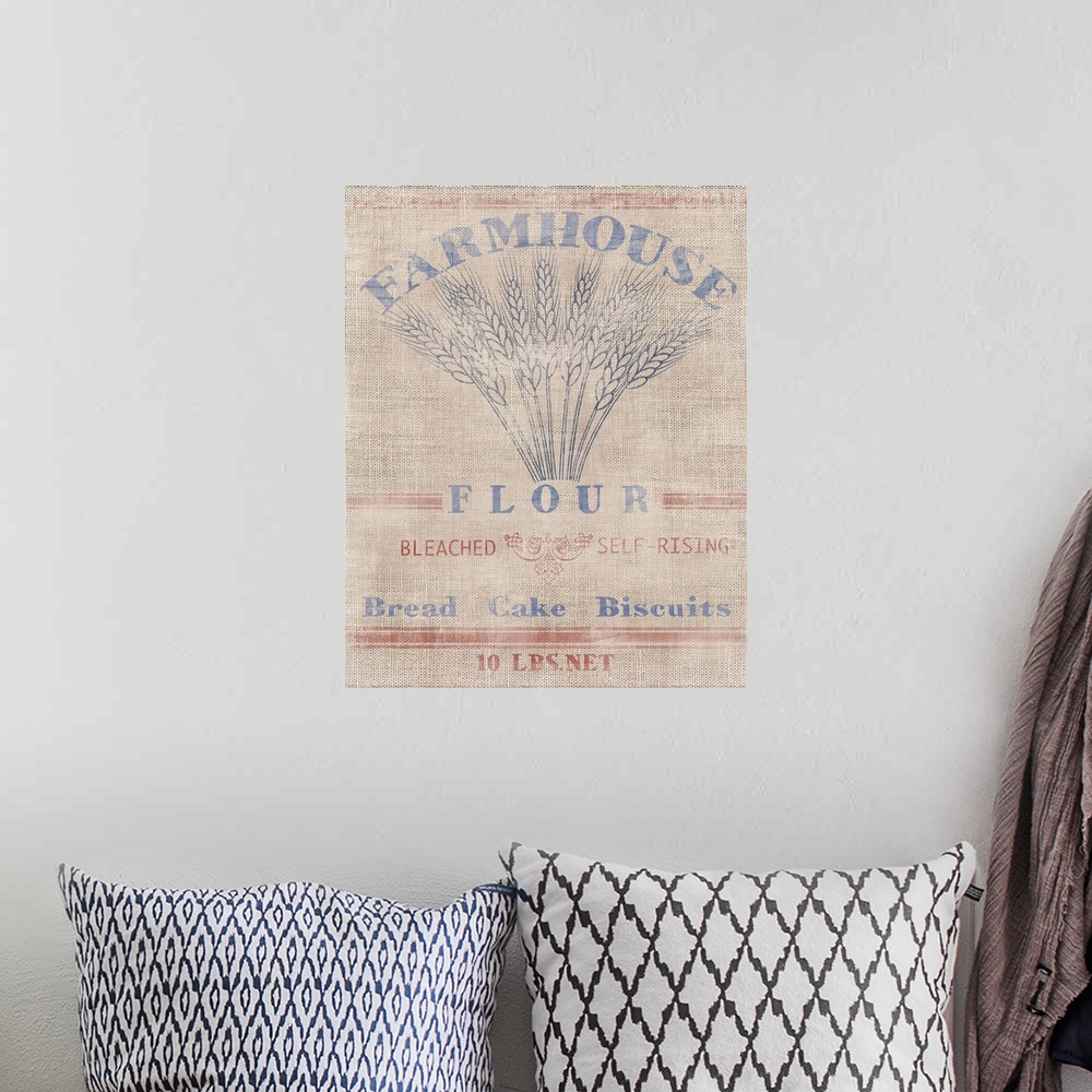 A bohemian room featuring Illustration of a Farmhouse Flour sack with a faded, vintage effect.