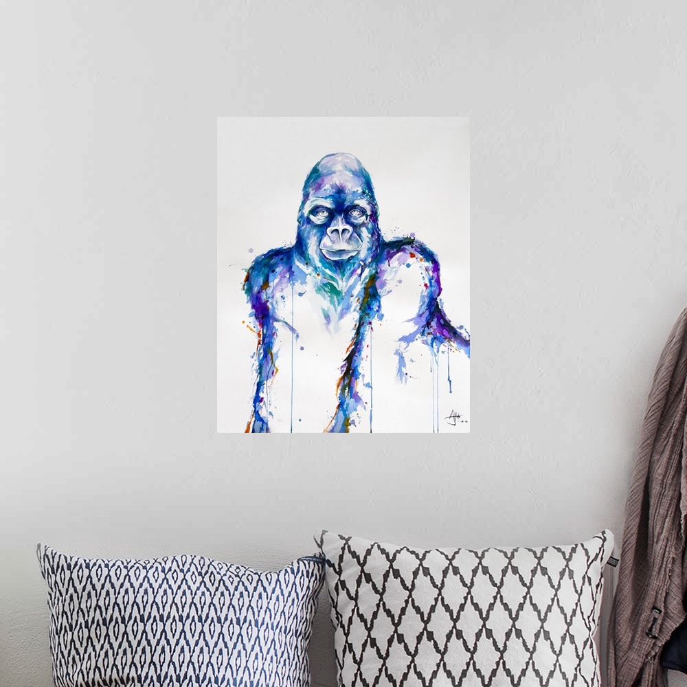 A bohemian room featuring Watercolor and ink painting of a gorilla made of blue paint splashes.