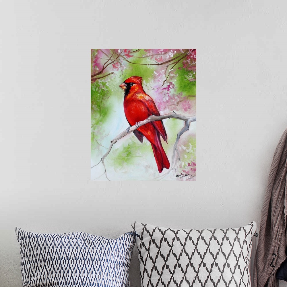 A bohemian room featuring Contemporary painting of a male cardinal perched on a branch with green leaves and pink flowers i...