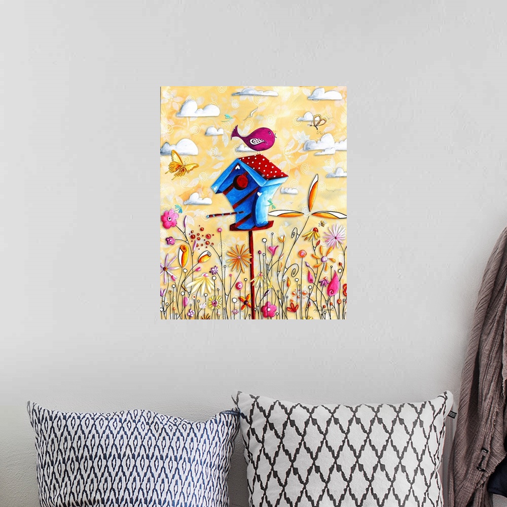 A bohemian room featuring Charming illustration of a little bird sitting on top of a colorful bird house in a field of flow...