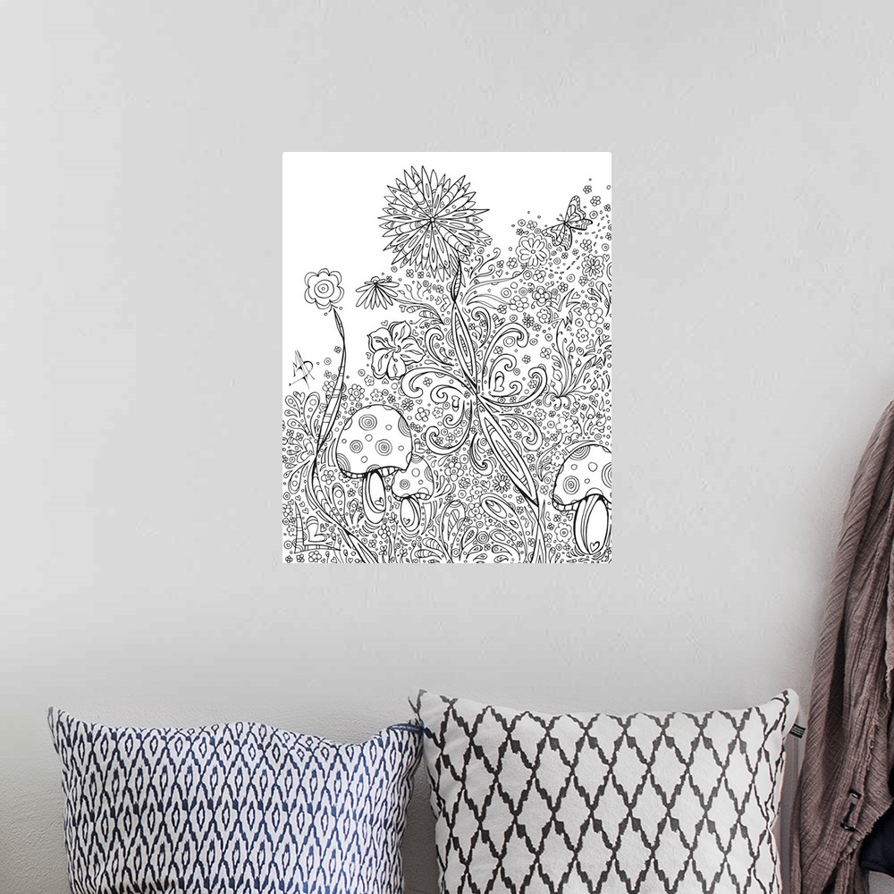 A bohemian room featuring Black and white line art of a garden with several different flowers and mushrooms.