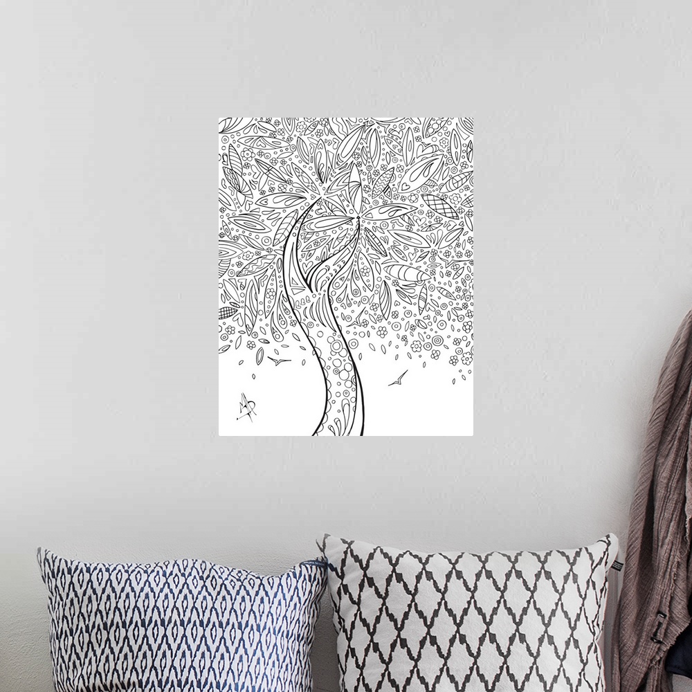 A bohemian room featuring Black and white line art of a graceful  tree with leafy branches and blossoms.