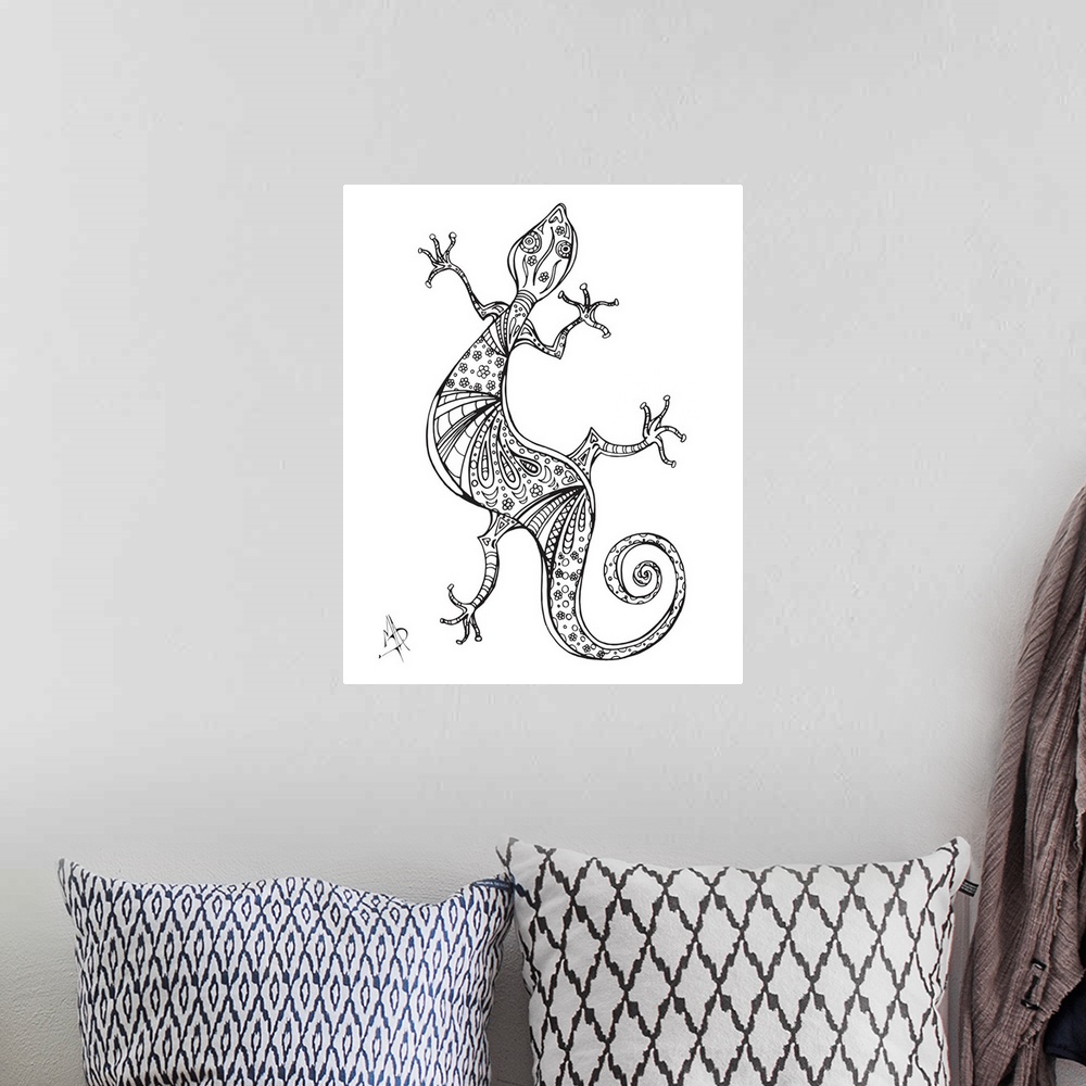 A bohemian room featuring Black and white line art of a patterned gecko with a coiled tail.