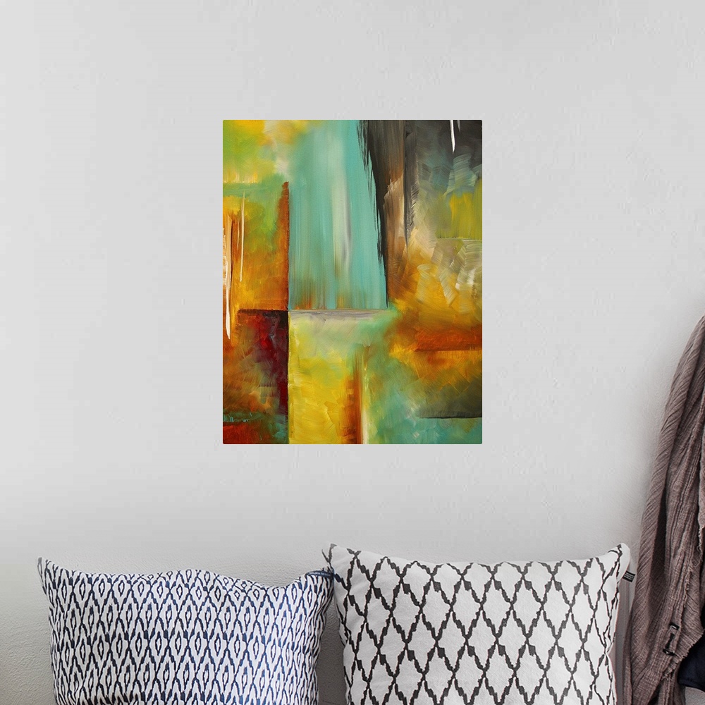 A bohemian room featuring Abstract artwork that has various colored blocks created with paint strokes going in different di...