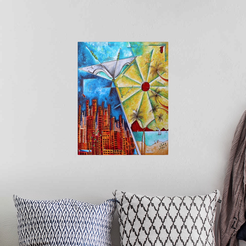 A bohemian room featuring Contemporary painting of an urban skyline with a beach scene.