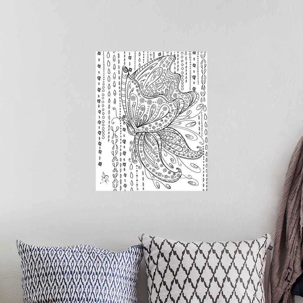 A bohemian room featuring Black and white line art of a butterfly with large, patterned wings, surrounded by raindrops.