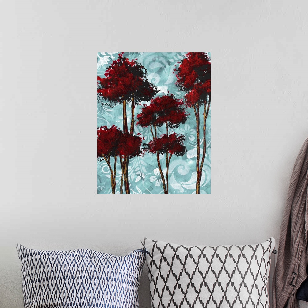 A bohemian room featuring Turquoise Florals I Red Trees