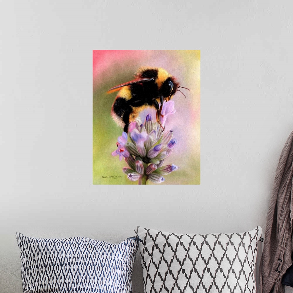 A bohemian room featuring Oil painting of a Bumble bee on a lavender plant.
