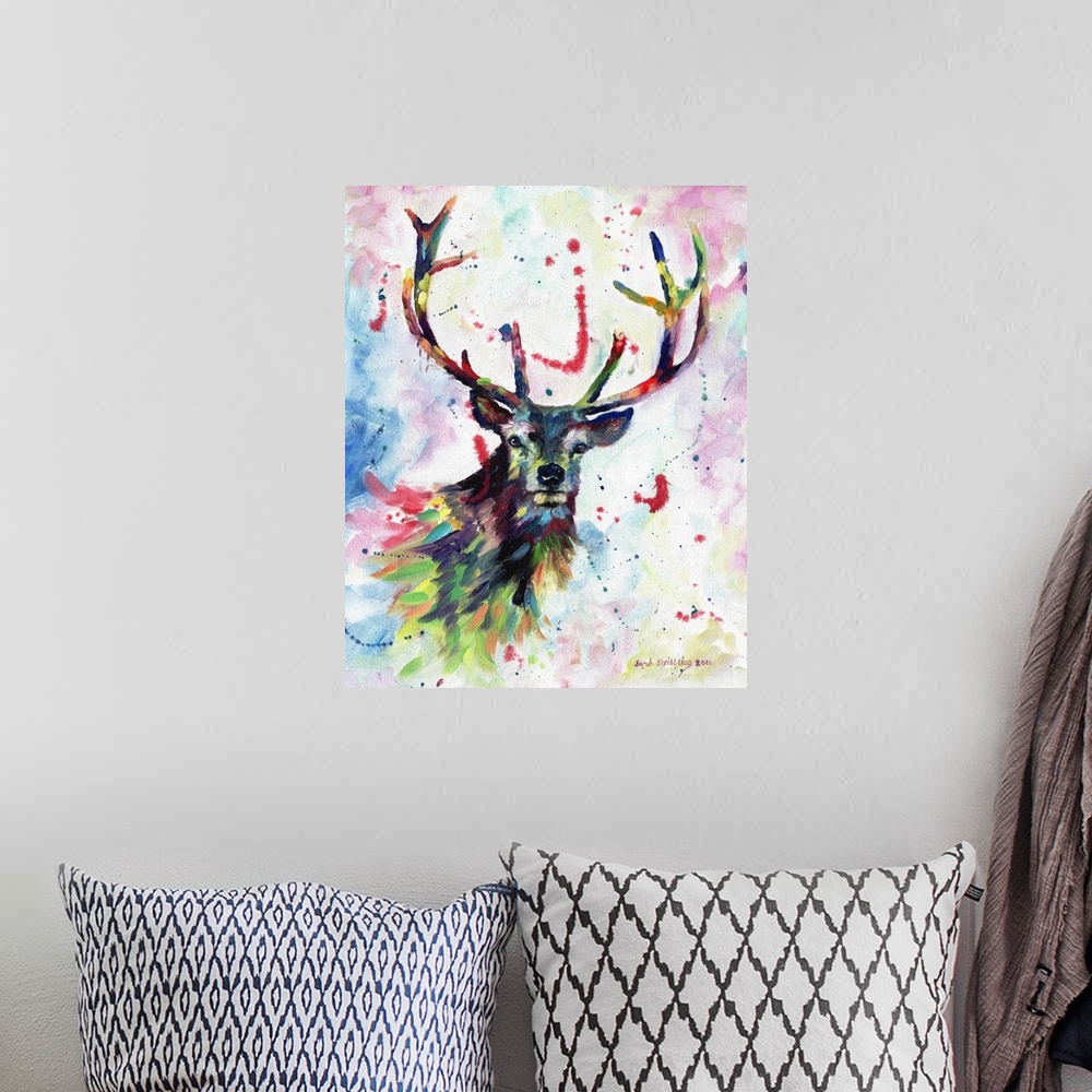A bohemian room featuring Abstract Stag in rainbow colors.