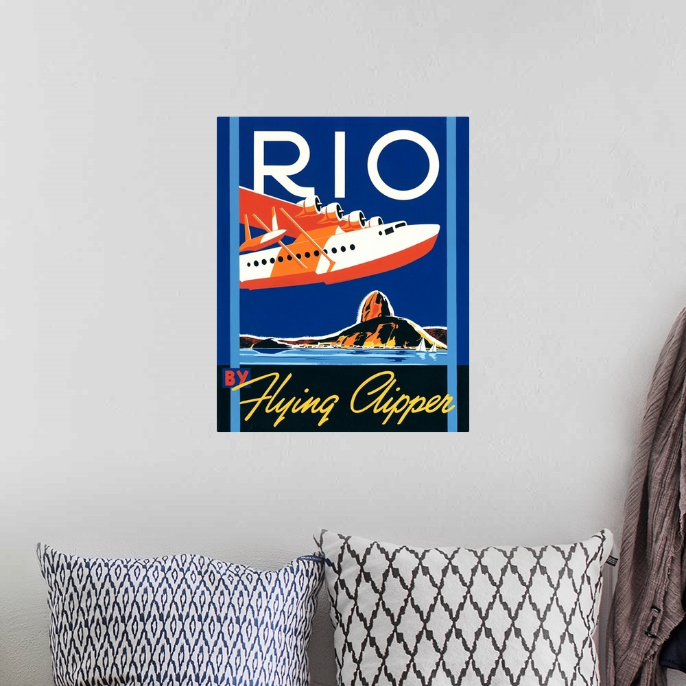 A bohemian room featuring Contemporary minimalist travel poster in a retro style.
