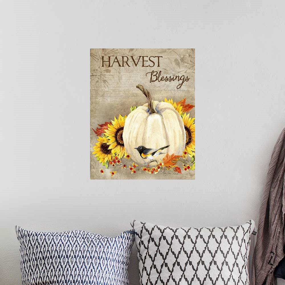 A bohemian room featuring Thanksgiving decor of a white pumpkin and sunflowers with a small bird.