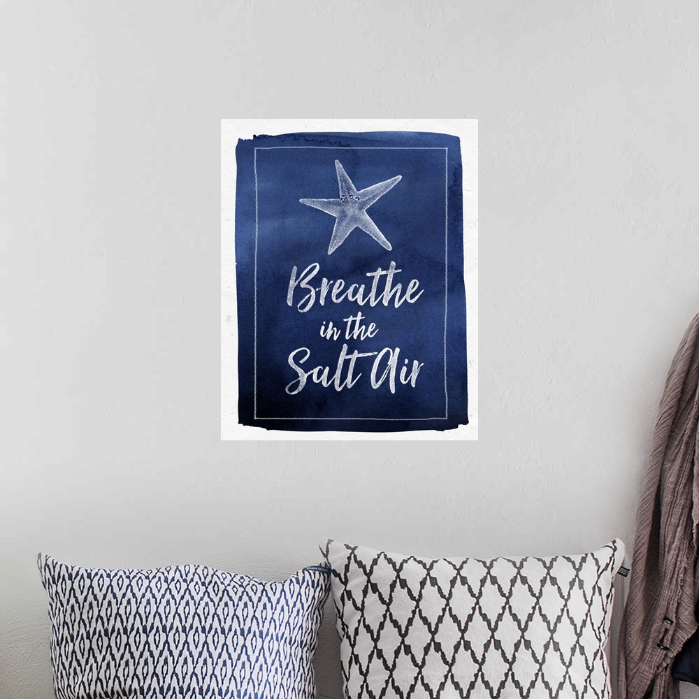 A bohemian room featuring "Breathe In the Salt Air" with a starfish on blue watercolor background.