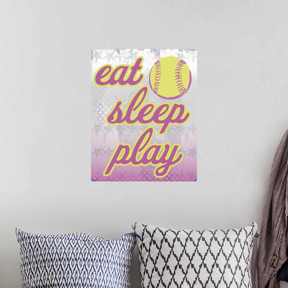A bohemian room featuring Eat, sleep, play softball