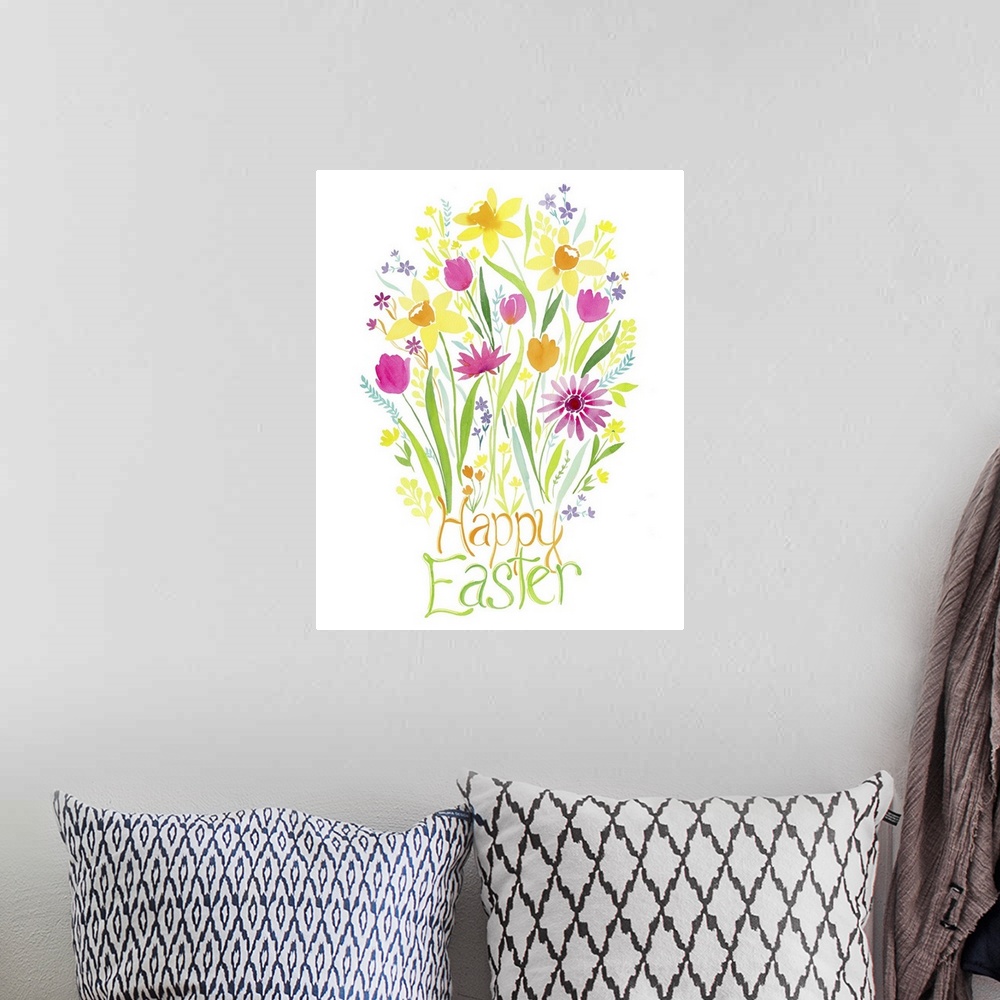A bohemian room featuring Watercolor illustration of bright springtime flowers to celebrate Easter.