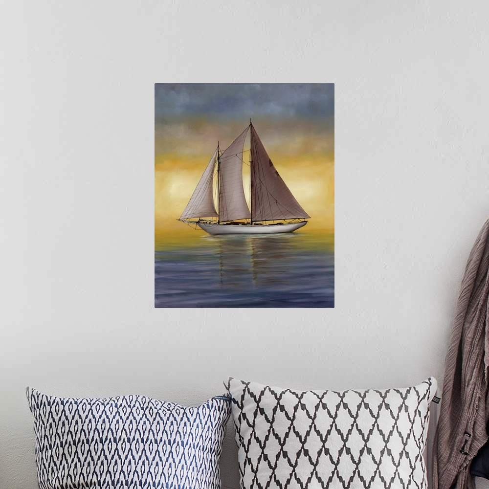A bohemian room featuring A large sailboat on calm waters at sunset.