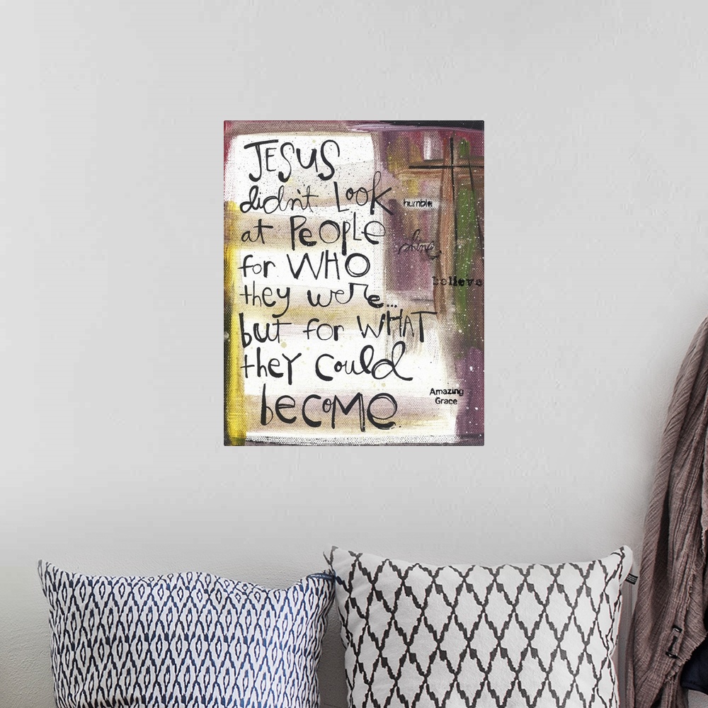 A bohemian room featuring An inspirational message about Jesus handwritten with purple and yellow.
