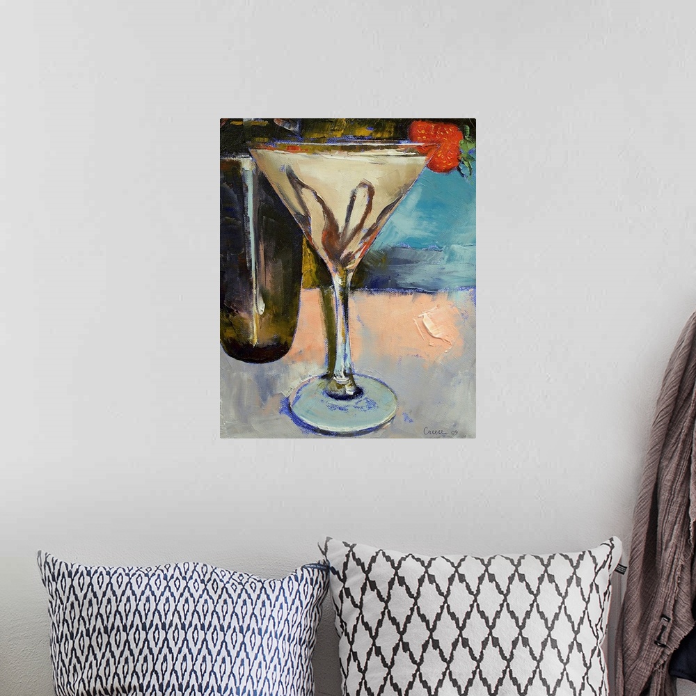 A bohemian room featuring Oil painting by an American artist of an alcoholic beverage garnished with a strawberry with glas...