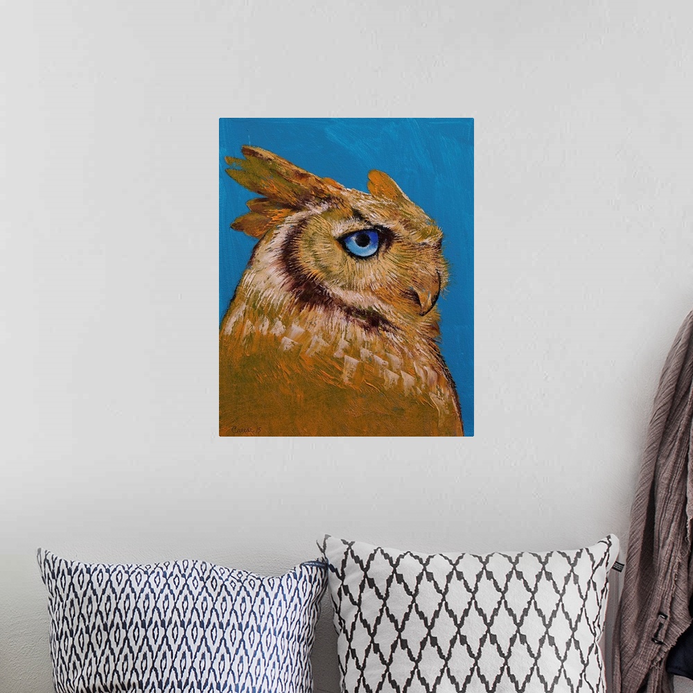 A bohemian room featuring A contemporary painting of a brown owl with piercing blue eyes.