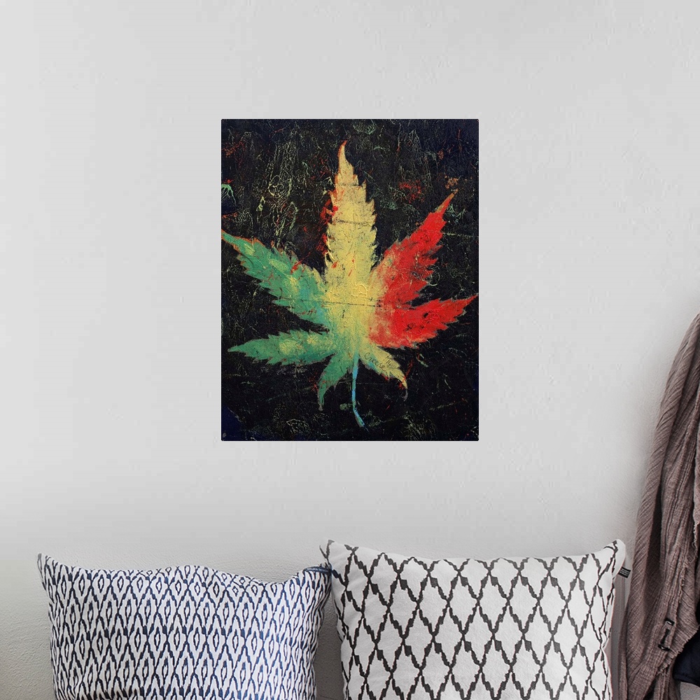 A bohemian room featuring A contemporary painting of a Rasta colored plant leaf.