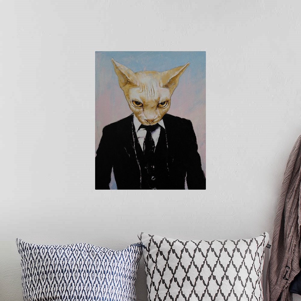 A bohemian room featuring A contemporary painting of a sphinx cat wearing a black three piece suit.