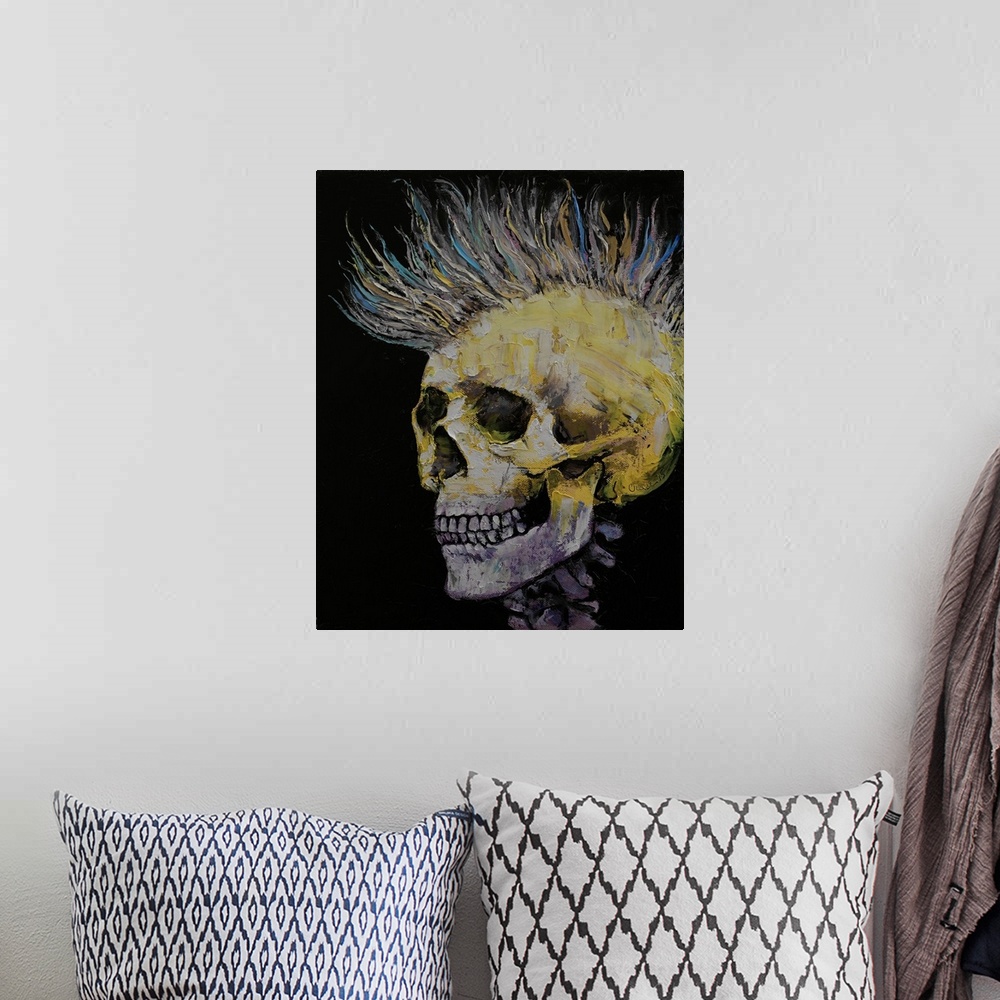 A bohemian room featuring A contemporary painting of a human skull with a big spiky Mohawk.