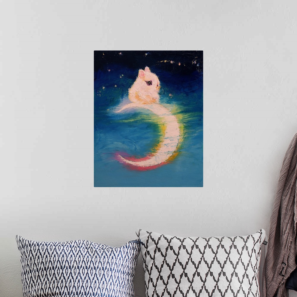 A bohemian room featuring A contemporary painting of a tiny white bunny sitting on top of a crescent moon.