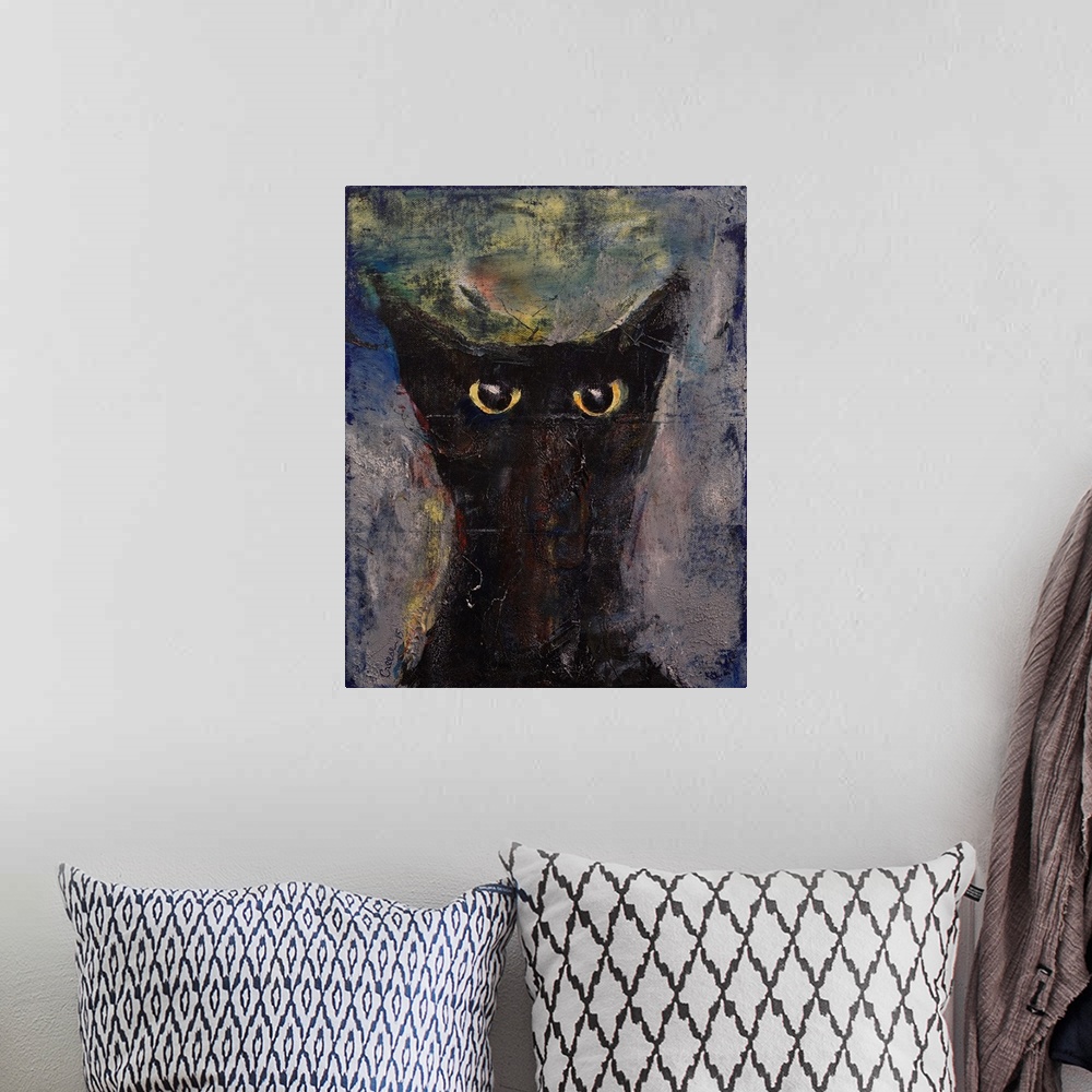 A bohemian room featuring A contemporary painting of a black cat portrait.