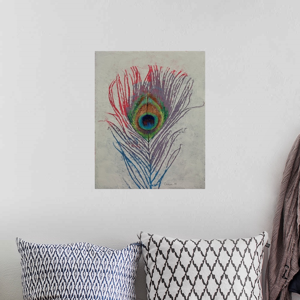 A bohemian room featuring A contemporary painting of a multi-colored peacock feather.