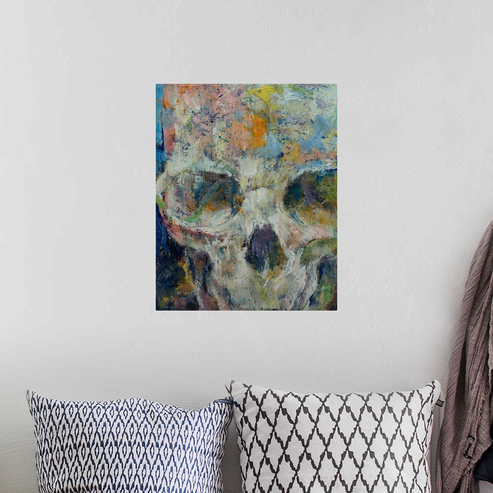 A bohemian room featuring A contemporary painting of a close-up on a multi-colored human skull.