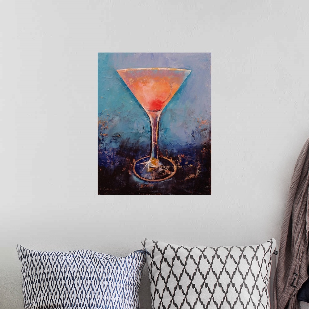 A bohemian room featuring A contemporary painting of a pink cocktail.