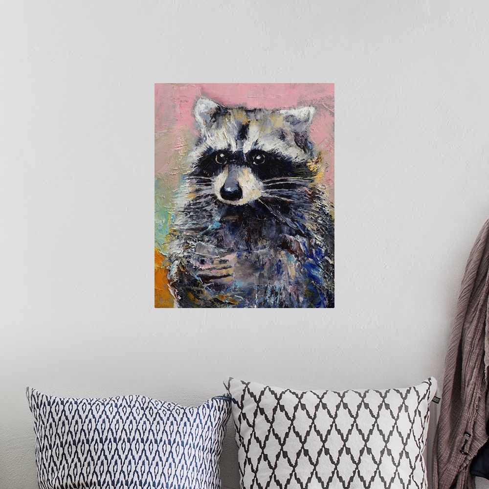 A bohemian room featuring A contemporary painting of a raccoon portrait.