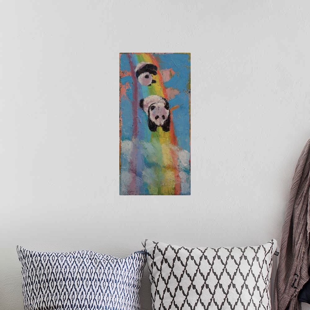 A bohemian room featuring A contemporary painting of two panda bears tumbling down a rainbow.