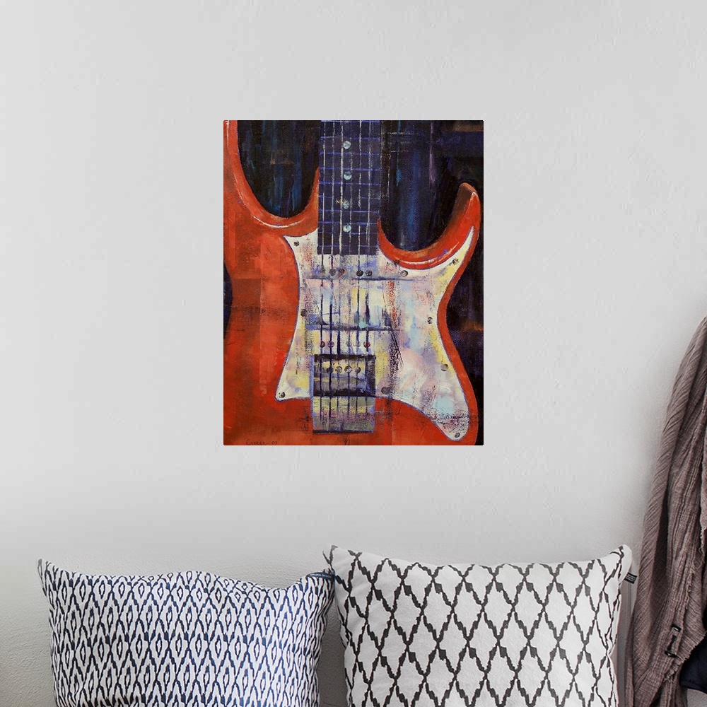 A bohemian room featuring This is a vertical painting showing the detail of the body of this iconic Rock ono Roll musical i...