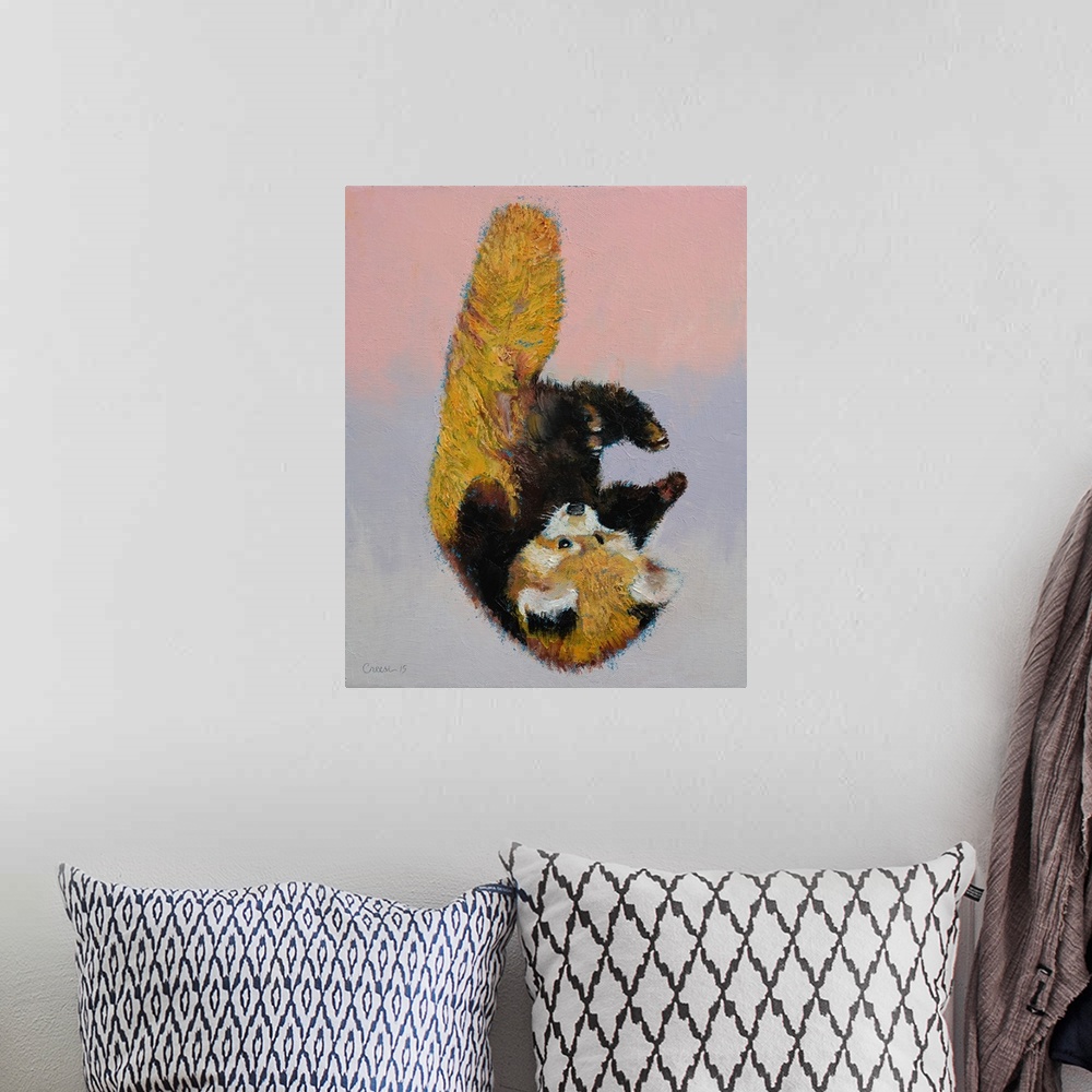 A bohemian room featuring A contemporary painting of a red panda playing with its own feet like a baby.