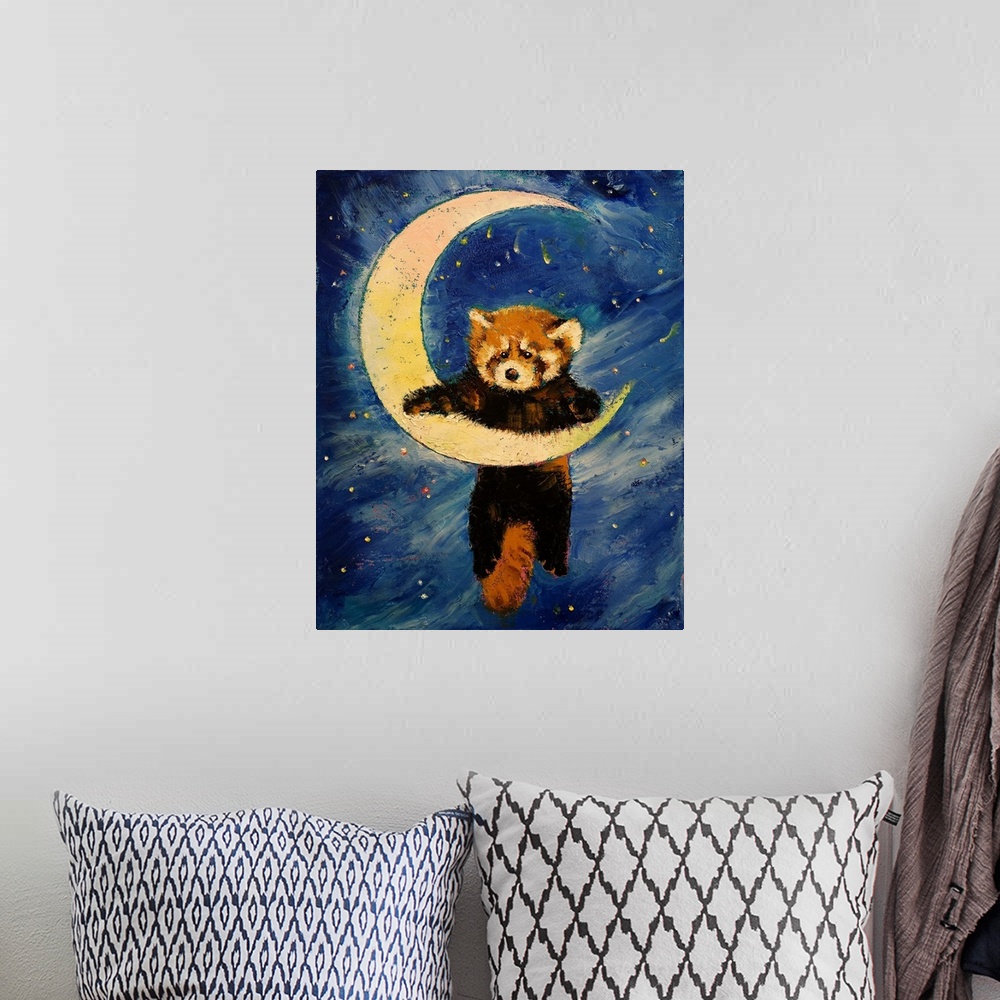 A bohemian room featuring A contemporary painting of red panda dangling from a crescent moon.