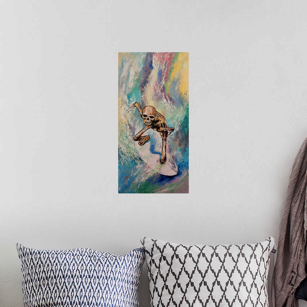 A bohemian room featuring A human skeleton riding a surfboard down a multi-colored wave.