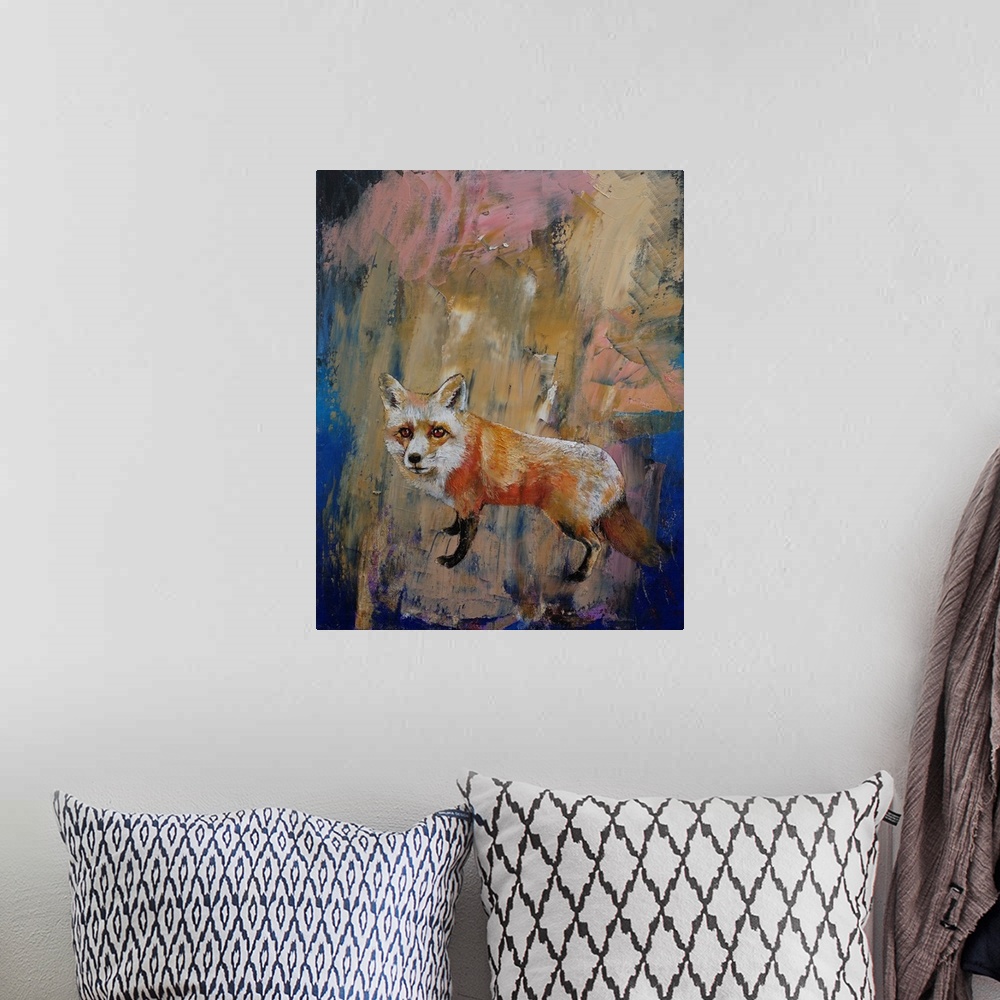 A bohemian room featuring Contemporary painting of a red fox against a colorful abstract background.