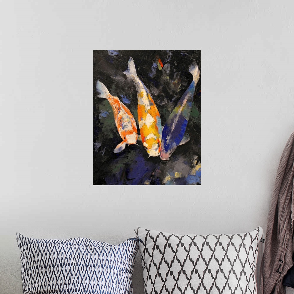 A bohemian room featuring This is a vertical painting of decorative fish swimming a pond created with thick impressionistic...