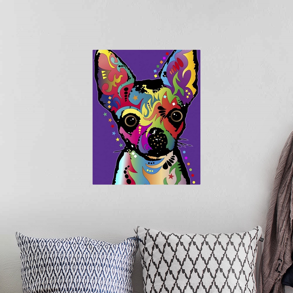 A bohemian room featuring Chihuahua Art Print. The Chihuahua is the smallest breed of dog and is named after the state of C...