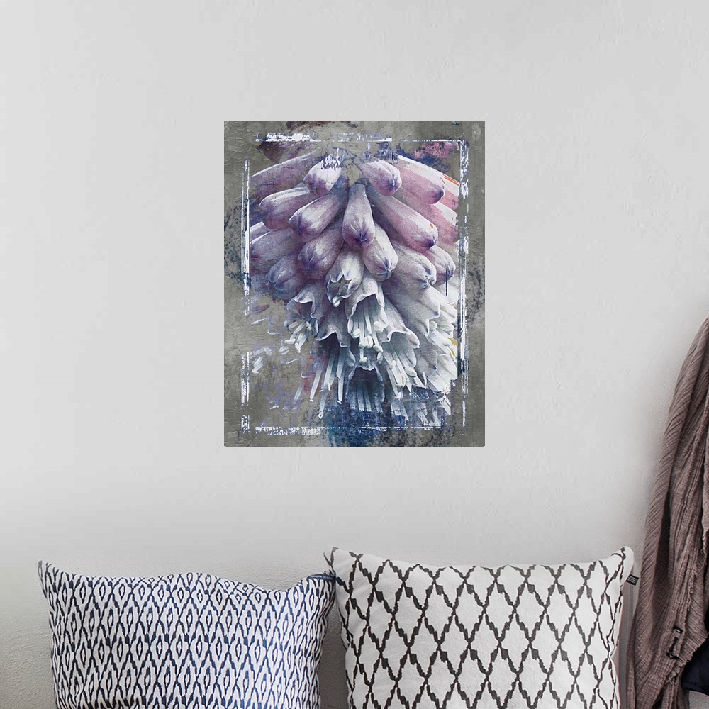 A bohemian room featuring Artistic photograph of purple and white flowers against a grunge background.
